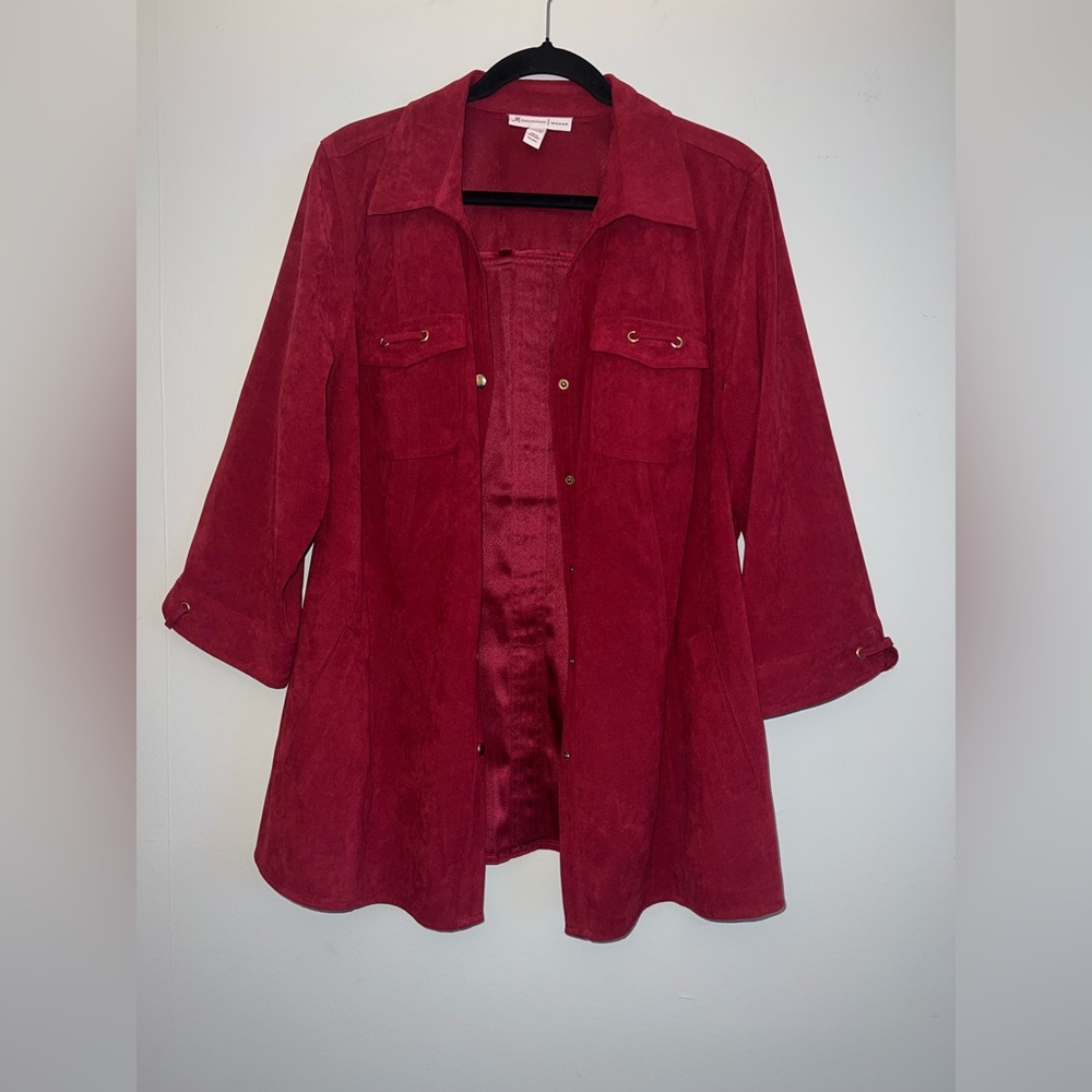 JM COLLECTION Women’s ¾ Sleeve Pockets Stretch Sueded Snap Button plus size 1X ✨ - Picture 1 of 7